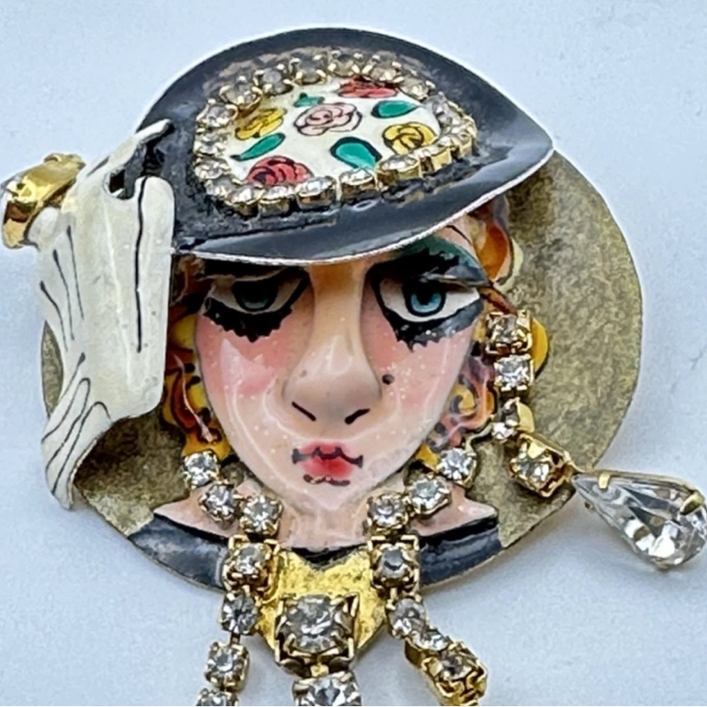 Lunch At The Ritz Art Deco Lady Brooch Face Pin Rhinestone Enamel Dangles 70$